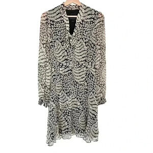 Ana Sui x Anthropologie Silk Long‎ Sleeve Bow Dress Sheer | Cream Black | SZ 4